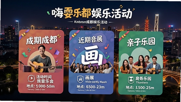 嗨耍成都娱乐活动页面,展示成都近期音乐会、画展、亲子乐园等活动海报,界面色彩丰富,配有活动时间与地点信息,背景为成都城市夜景,突出休闲娱乐多样性。