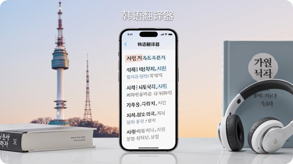 一幅展示韩语翻译器核心功能的宽幅场景图,画面中央是一部智能手机,屏幕显示中韩双语对照翻译结果,周围环绕首尔塔、韩文书籍、耳机等元素,背景为柔和的渐变色,整体风格现代简洁,突出软件名称“韩语翻译器”。