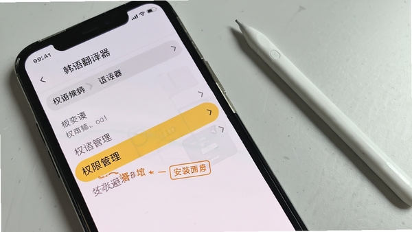 手机屏幕显示“韩语翻译器”设置界面,高亮显示权限管理选项,背景为浅灰色桌面,旁边有手写笔,风格简洁,强调安装避坑要点。