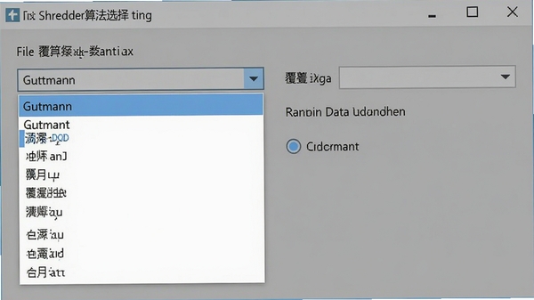 File Shredder算法选择界面,下拉菜单中列出Gutmann、DoD等算法名称,背景为软件的设置页面,显示覆写次数和随机数据选项,画面风格简洁,突出专业性和可定制性