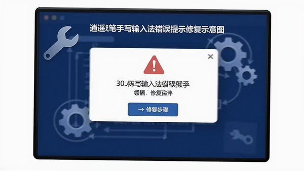 逍遥笔手写输入法错误提示修复示意图,屏幕上显示一个警告弹窗和修复步骤,背景为深蓝色,有扳手图标和齿轮元素,风格清爽专业