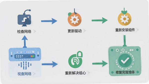 视维视频会议系统体验版报错解决流程图,展示从问题诊断到修复完成的步骤,包括检查网络、更新驱动、重新安装组件等图标,设计风格扁平化,逻辑清晰,色彩鲜明,背景为浅灰色