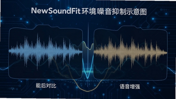 NewSoundFit�����������ƹ���ʾ��ͼ��չʾ��Ƶ���δ���ǰ��Աȣ�����Ϊ�Ƽ�����ɫ�������ֽ�����������ǿЧ��