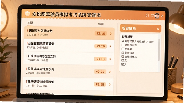 众悦网驾驶员模拟考试系统错题本界面,列表形式展示错题题目与答错次数,右侧有答案解析区域,整体设计以暖色调为主,突出学习与总结的氛围