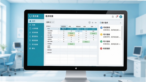 医务通软件主界面预览图,展示清晰的左侧功能导航栏和右侧工作区,背景为简洁的浅蓝色医疗风格办公室,电脑屏幕上有排班表和通知列表,整体画面明亮专业