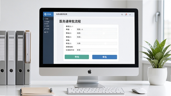 医务通审批流程界面,电脑屏幕显示一张电子审批表单,包含申请人信息和审批按钮,背景为现代简洁的办公桌,有文件和绿植