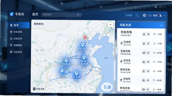 一张高清的令狐充软件主界面截图,展示其简洁的首页地图导航与充电桩列表信息,屏幕高亮显示附近充电站分布,整体色调以蓝白为主,科技感十足,背景虚化处理突出界面内容