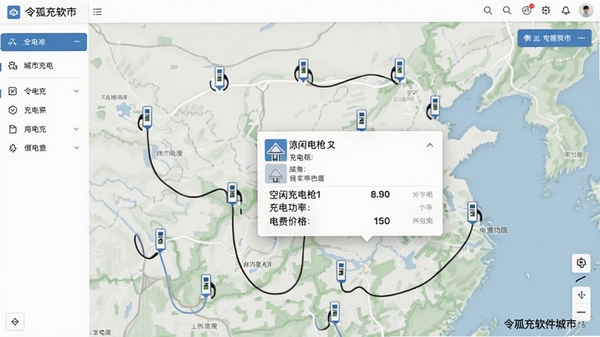 令狐充软件的城市地图界面,显示多个充电站分布点,其中一个站点弹出详情卡片,上面清晰标注空闲充电枪数量、充电功率和电费价格,画面信息丰富,风格写实清晰