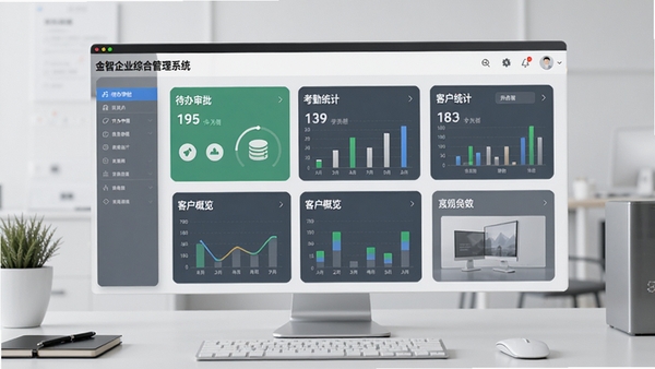 金智企业综合管理系统的软件主界面预览图,画面中央显示系统仪表盘,包含待办审批、考勤统计、客户概览等模块卡片,背景为浅灰色办公桌面,整体风格简洁明亮,突出软件名称与功能布局