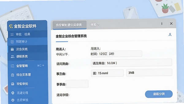 金智企业综合管理系统的流程审批界面预览图,画面左侧显示审批菜单列表,右侧展示一张请假申请单详情,包含申请人、时间、事由字段,背景为淡蓝色工作台,扁平化设计风格,突出软件名称
