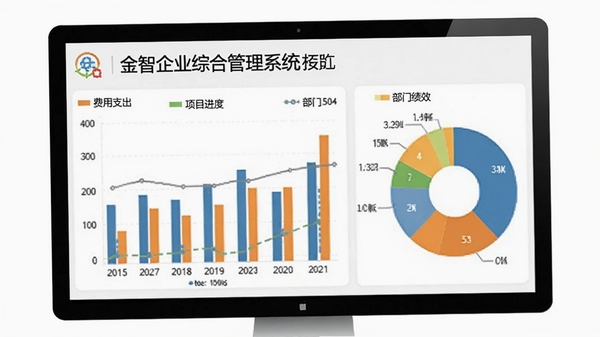 金智企业综合管理系统的数据报表界面预览图,画面展示柱状图与饼图组合的看板,包括费用支出、项目进度、部门绩效,背景为白色简洁风格,强调数据可视化,突出软件名称