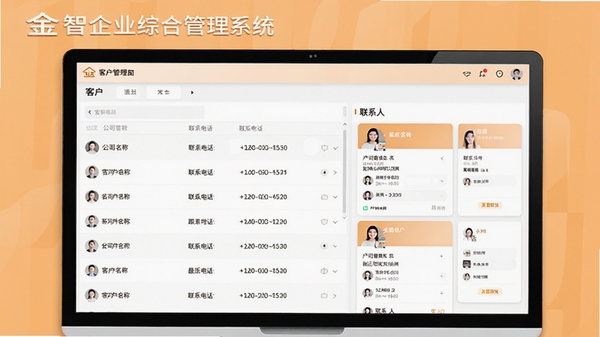 金智企业综合管理系统的客户管理界面预览图,画面显示客户列表与联系人卡片,包含公司名称、联系电话、最近跟进时间,背景为浅橙色商务风格,突出软件名称