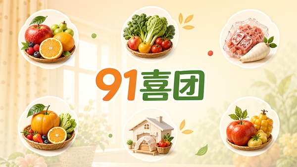 91喜团商品分类展示图,展示新鲜水果、蔬菜、肉禽蛋奶等多个商品分类图标,每个图标设计精美、色彩鲜艳,背景为柔和的渐变色调,画面中央突出“91喜团”的Logo,整体风格温馨且具有生活气息。