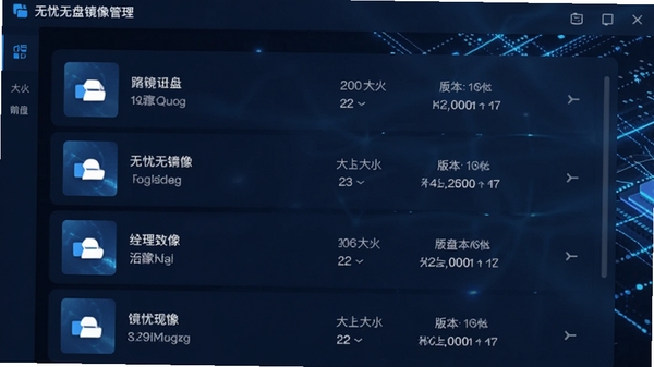 无忧无盘镜像管理界面,展示多个操作系统镜像的列表,包含名称、大小、版本信息,界面采用深蓝色调,图标清晰,背景为抽象的数据流动效果