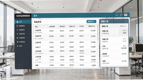 生财宝进销存主界面预览图,展示左侧功能导航栏,中间为商品库存列表,右侧为销售订单看板,整体界面风格简约商务,色彩搭配专业,背景为现代化办公室场景,画面清晰明亮
