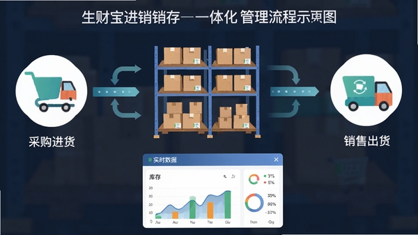 生财宝进销存的一体化管理流程示意图,画面左侧为采购进货图标,中间为仓库货架与数据流动线条,右侧为销售出货图标,底部显示实时更新的库存数据图表,整体风格为扁平化商务插画风,色彩清新
