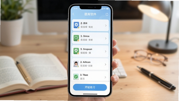 我的题库软件主界面预览图,手机屏幕显示题库列表与开始练习按钮,背景为淡蓝色渐变,学习氛围浓厚,画面清晰明亮