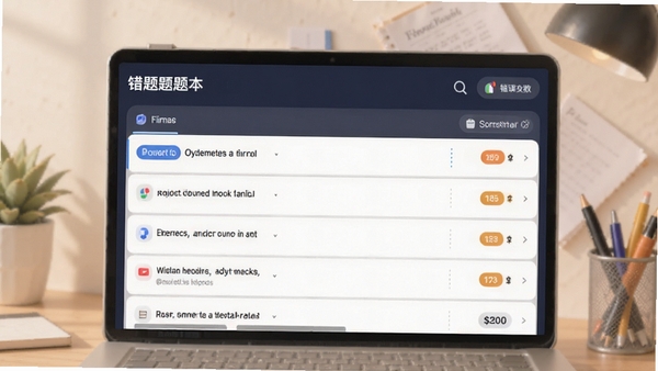 我的题库错题本界面,列表显示题目分类与错误次数,背景柔和,强调错题整理功能