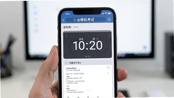 我的题库模拟考试界面,手机屏幕展示答题卡与倒计时,背景整洁,突出计时与答题状态