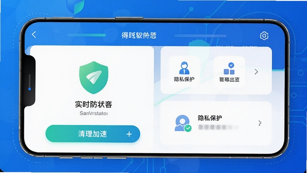 得圣软件主界面预览图,展示手机屏幕上的安全防护仪表盘,显示实时防护状态、清理加速按钮、隐私保护功能模块,背景为蓝色科技感渐变,图标设计现代简洁,整体画面明亮清晰,突出安全与高效的主题