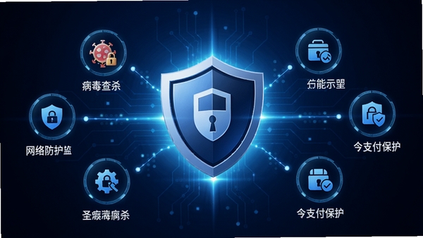 得圣安全防护功能示意图,画面中央是一面盾牌图标,周围环绕着病毒查杀、网络防护、支付保护等小图标,背景为深蓝色科技风,光线从盾牌后方散发,象征强大保护力,整体风格专业且具有安全感
