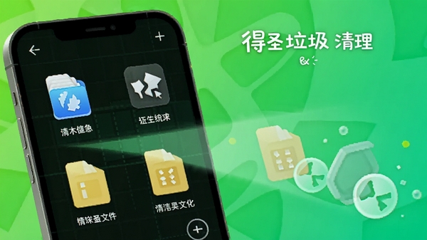 得圣垃圾清理功能效果图,画面展示一个手机屏幕,正在扫描并清理各类垃圾文件,有缓存图标、碎片图标、临时文件图标被清除,背景为明亮的绿色调,代表清洁与流畅,视觉效果清新活泼
