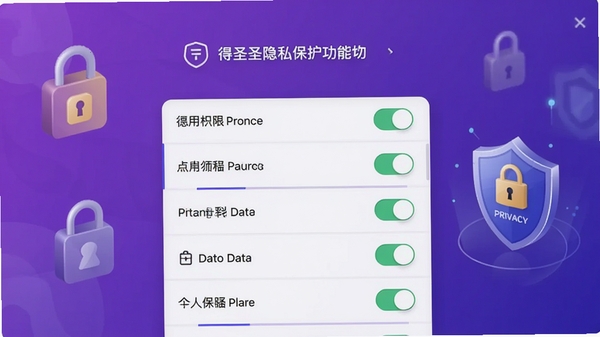得圣隐私保护功能界面截图,展示应用权限管理列表,带有开关按钮,背景为紫色渐变,配有锁形图标和隐私盾牌元素,画面整洁,强调对个人数据的严格控制与保护