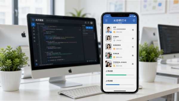 水印拍照打卡达内相机团队管理界面示意图,手机屏幕上显示成员列表和照片上传进度条,背景为办公室环境,有电脑和绿植,色调明亮清晰,体现团队协作的高效性