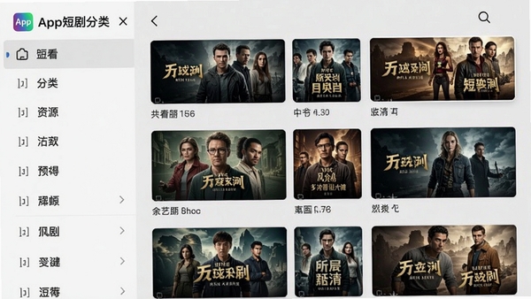 尽看App短剧分类界面截图,左侧显示分类列表,右侧展示各分类下的短剧封面缩略图,背景为浅灰色,整体界面清晰直观,突出资源丰富性