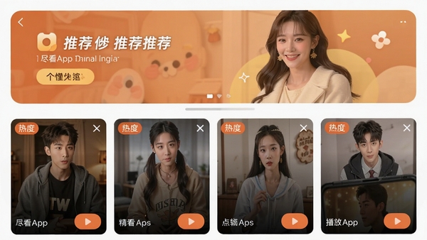 尽看App的推荐页面,页面顶部为个性化推荐横幅,下方为瀑布流短剧卡片,卡片上带有热度标签和播放按钮,整体色调温暖活泼,突出智能推荐体验