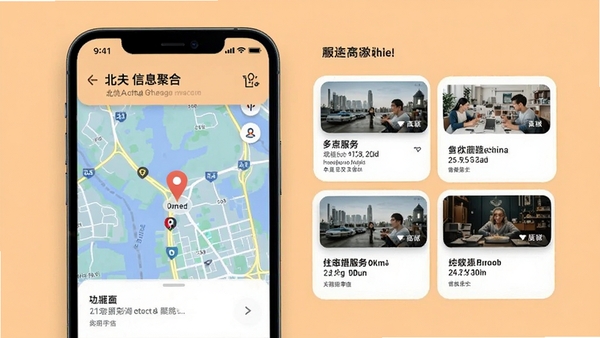 北夫本地信息聚合界面,手机屏幕显示地图与周边服务卡片,背景为浅橙色,突出位置服务与信息整合,画面现代,适合功能展示。