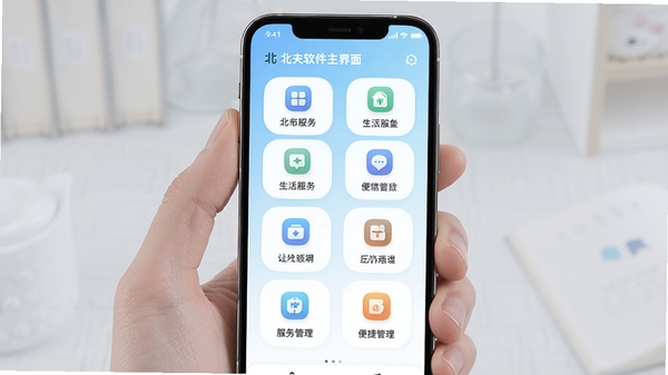 北夫软件主界面展示,手机屏幕中央显示清晰的功能图标网格,背景为渐变的浅蓝与白色,整体风格简洁明亮,突出生活服务与便捷管理主题,适配Boogu模型生成。