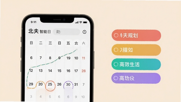 北夫智能日程管理界面,手机屏幕上显示日历视图与彩色待办标签,背景为柔和米色,强调时间规划与高效生活理念,画面清晰,适合功能展示。