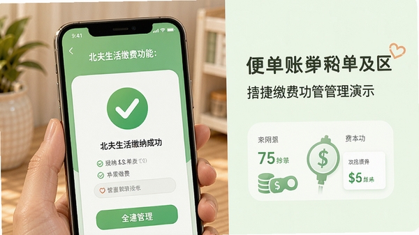 北夫生活缴费功能演示,手机页面展示水电费缴纳成功界面,背景为浅绿色,带有对勾图标,画面温馨,突出便捷缴费与账单管理,适合功能展示。