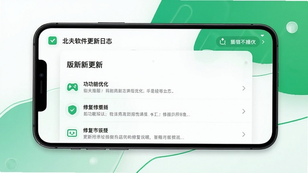 北夫软件更新日志界面,手机屏幕显示版本更新内容列表,背景为简约白色与绿色点缀,风格清爽,突出功能优化与修复说明,适合展示。