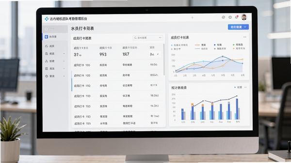 水印拍照打卡达内相机团队考勤管理后台,展示成员打卡列表与统计图表,背景为办公室电脑屏幕,显示考勤数据看板,风格商务简约,数据可视化,突出管理功能