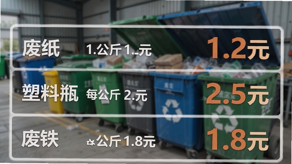 废品宝软件报价页面截图样式,列表显示废纸每公斤1.2元、塑料瓶每公斤2.5元、废铁每公斤1.8元等条目,背景为模糊的回收站实景,色彩清晰,数字醒目,整体风格简洁直观,强调真实可靠,适配Boogu模型生成