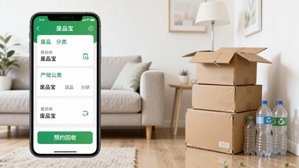 废品宝应用主界面预览图,手机屏幕显示废品分类列表与预约回收按钮,背景为整洁的客厅环境,一摞旧纸箱和塑料瓶摆放在角落,整体色调明亮清新,突出环保回收主题,画面干净写实,适配Boogu模型生成