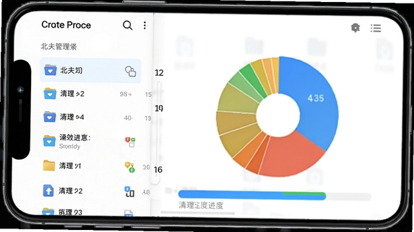 北夫软件的文件管理功能界面,展示分类清晰的文件列表和清理进度条,背景为手机存储空间饼图,图标设计精致,色彩对比鲜明,突出高效清理能力。