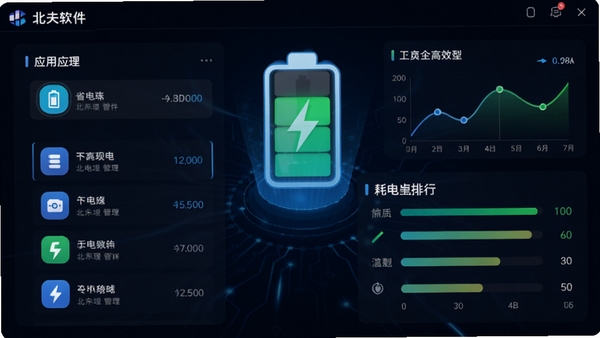北夫软件的应用管理界面,展示应用列表和耗电排行,背景为电池电量图标和流量数据图表,整体风格科技感强,突出省电与高效管理。