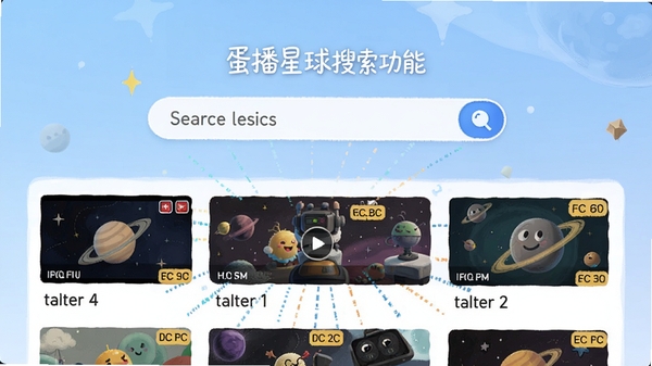 蛋播星球搜索功能截图风格示意图,画面中央为搜索框,下方展示多个视频源的结果列表,每个结果带有清晰度标签,背景为浅蓝渐变,突出聚合搜索的便捷性