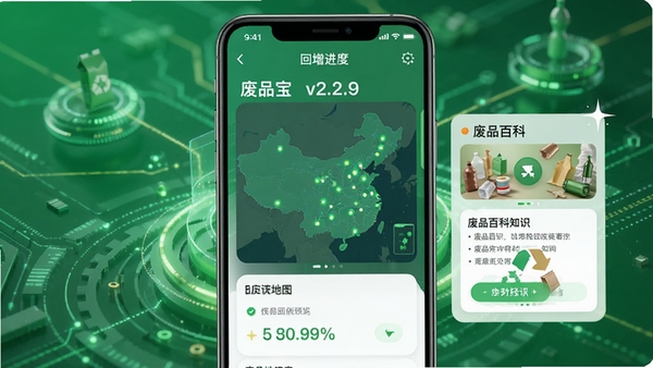 废品宝v2.2.9版本更新功能预览图,手机屏幕展示新增的回收进度地图追踪界面与废品百科知识卡片,背景为绿色环保风格的抽象科技元素,整体画面清爽,突出版本升级亮点