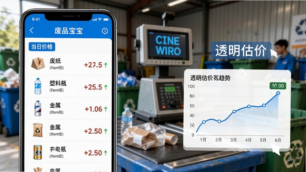 废品宝智能估价功能演示图,手机界面显示废纸、塑料瓶、金属等品类的当日价格列表与折线趋势图,背景是回收站称重场景,画面清晰标注价格数字,突出透明估价特色