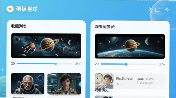 蛋播星球我的页面预览,展示收藏列表和观看历史,界面采用卡片式设计,包含影片缩略图与进度条,背景为清新蓝色渐变,强调个性化管理与跨设备同步功能