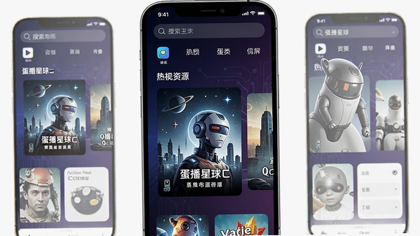 蛋播星球手机应用主界面预览图,展示简洁的首页布局,顶部搜索栏,下方分类导航,背景为深色科技感渐变,中央突出显示热门影视资源封面,整体风格现代、高清,适合应用商店展示