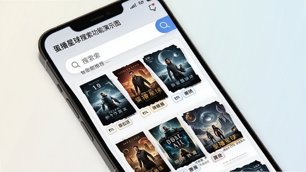 蛋播星球搜索功能演示图,手机屏幕显示搜索结果列表,包含多部影片封面与清晰度标签,背景为浅色渐变,突出搜索框和智能推荐标签,画面清晰,UI设计现代