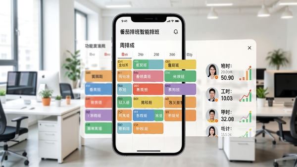 番茄排班智能排班功能演示,手机屏幕显示自动生成的周排班表,不同班次用彩色色块区分,旁边有员工头像和工时统计,背景为明亮的办公室工位,强调高效与自动化