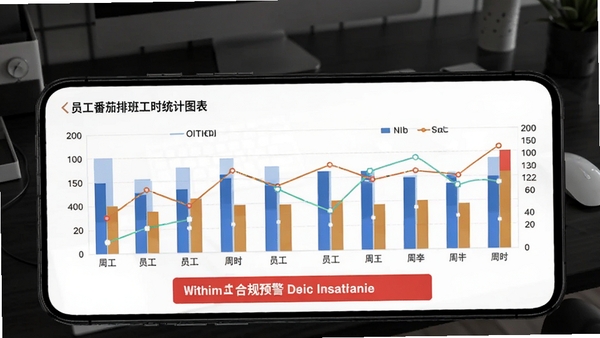 番茄排班工时统计图表,手机界面展示柱状图和折线图,显示员工周工时对比,底部有合规预警红色标识,背景为深色办公桌面,数据感强,强调精准与专业