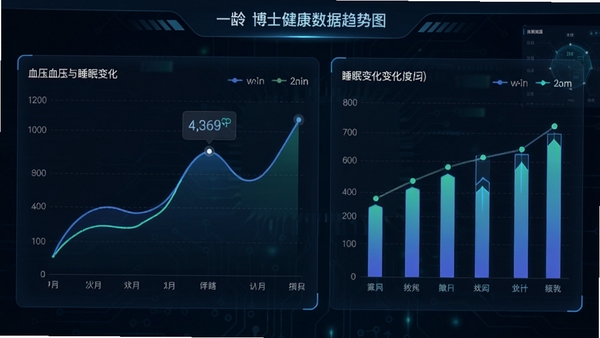 一龄博士健康数据趋势图界面,包含折线图和柱状图,展示血压与睡眠数据变化,背景为深色科技感界面,数据可视化效果突出,界面风格专业且现代