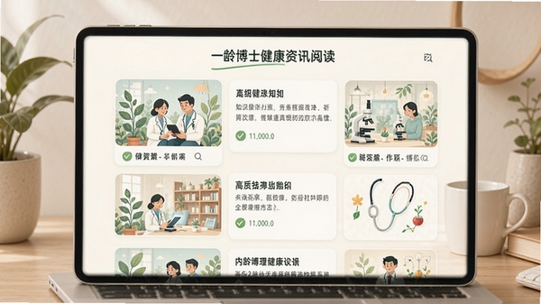 一龄博士健康资讯阅读页面,展示图文并茂的文章列表,配以清新的插图与卡片式布局,背景为暖白色,营造轻松舒适的阅读氛围,突出知识科普与内容品质